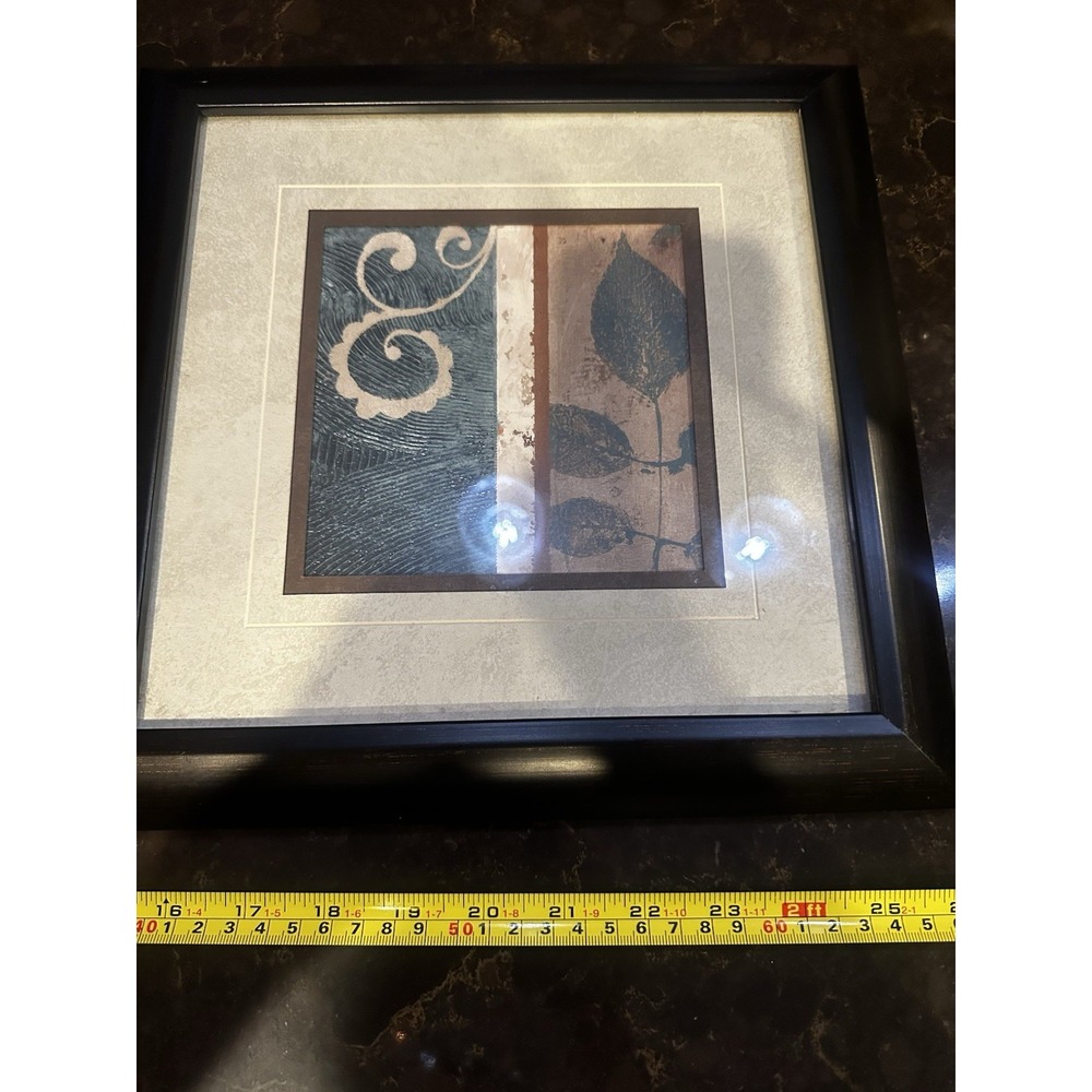 Set of 2 Abstract Botanical Framed Wall Art 12x12 Brown Blue Leaves Scroll Decor